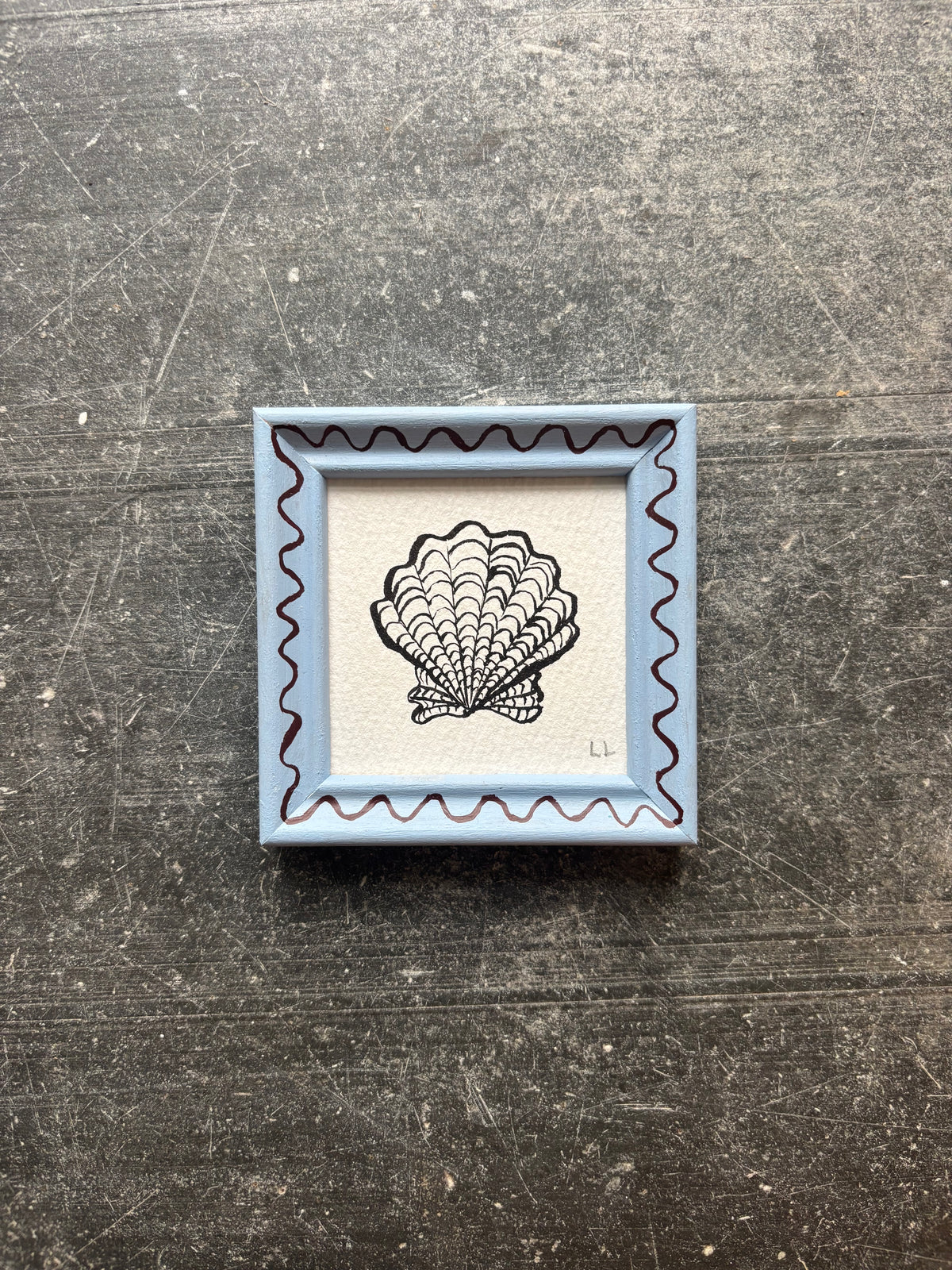 MINI SCALLOP ORIGINAL INK ARTWORK IN A HAND PAINTED BLUE AND BURGUNDY WIGGLE FRAME