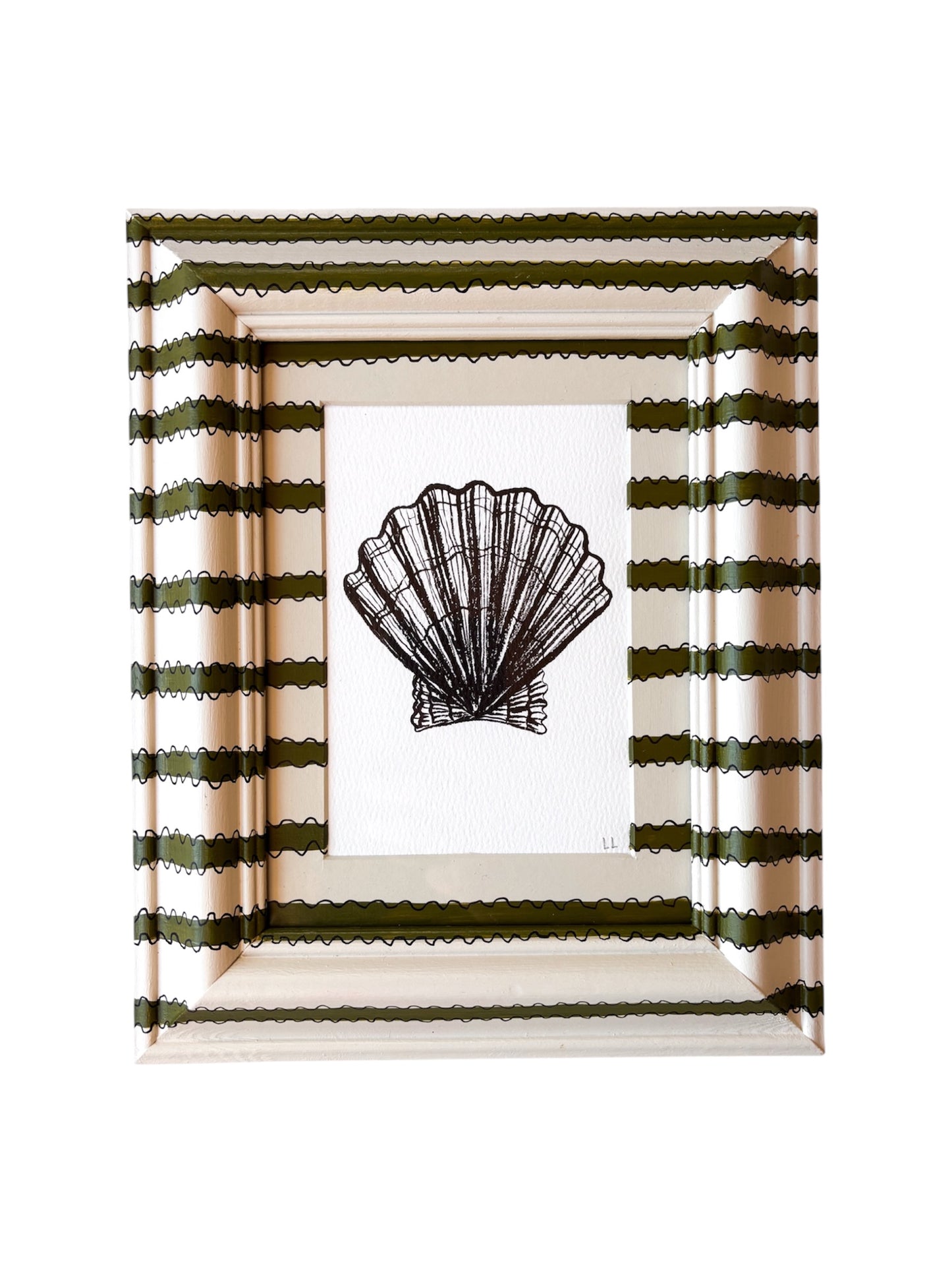 SCALLOP SHELL ORIGINAL INK ARTWORK IN A HAND PAINTED CREAM AND GREEN PRELOVED FRAME