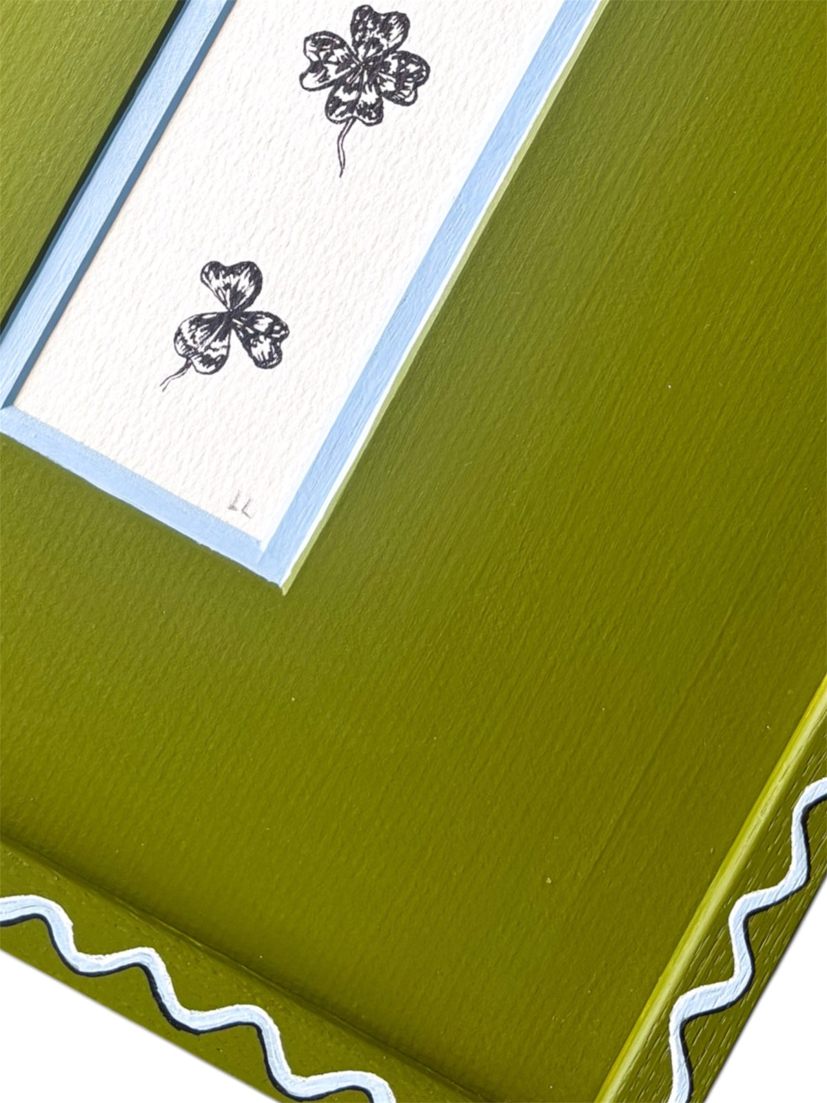 CLOVER ORIGINAL INK ARTWORK IN A HAND PAINTED GREEN WITH BLUE WIGGLE AND GREEN MOUNT PRELOVED FRAME