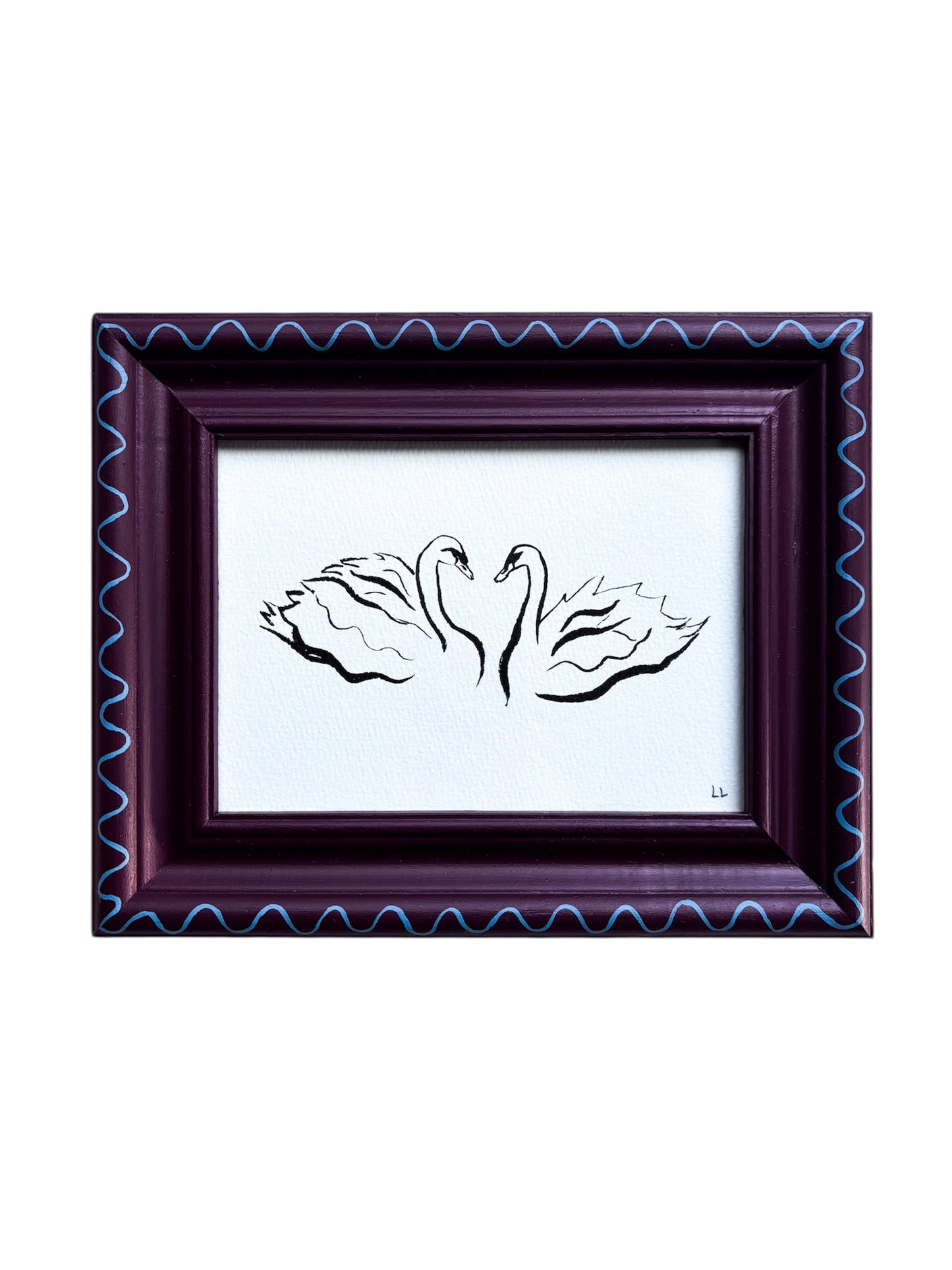 SWAN ORIGINAL INK ARTWORK IN A HAND PAINTED BURGUNDY AND BLUE WIGGLE FRAME