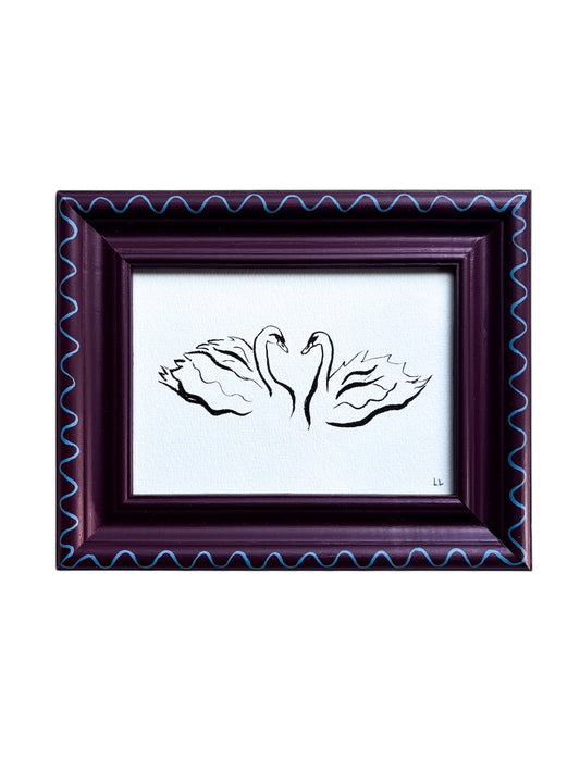SWAN ORIGINAL INK ARTWORK IN A HAND PAINTED BURGUNDY AND BLUE WIGGLE FRAME