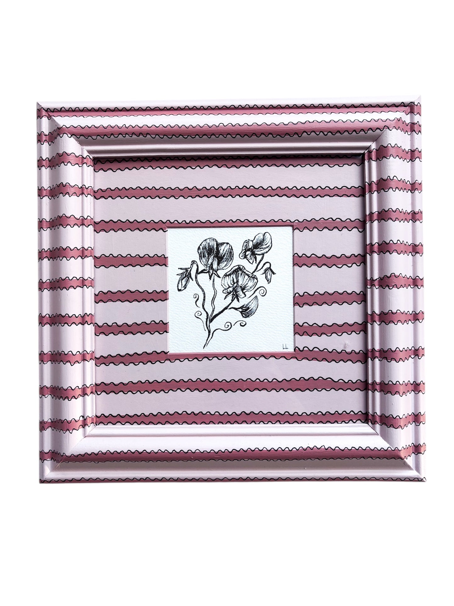 SWEETPEA ORIGINAL INK ARTWORK IN A HAND PAINTED PINK ON PINK STRIPED PRELOVED FRAME