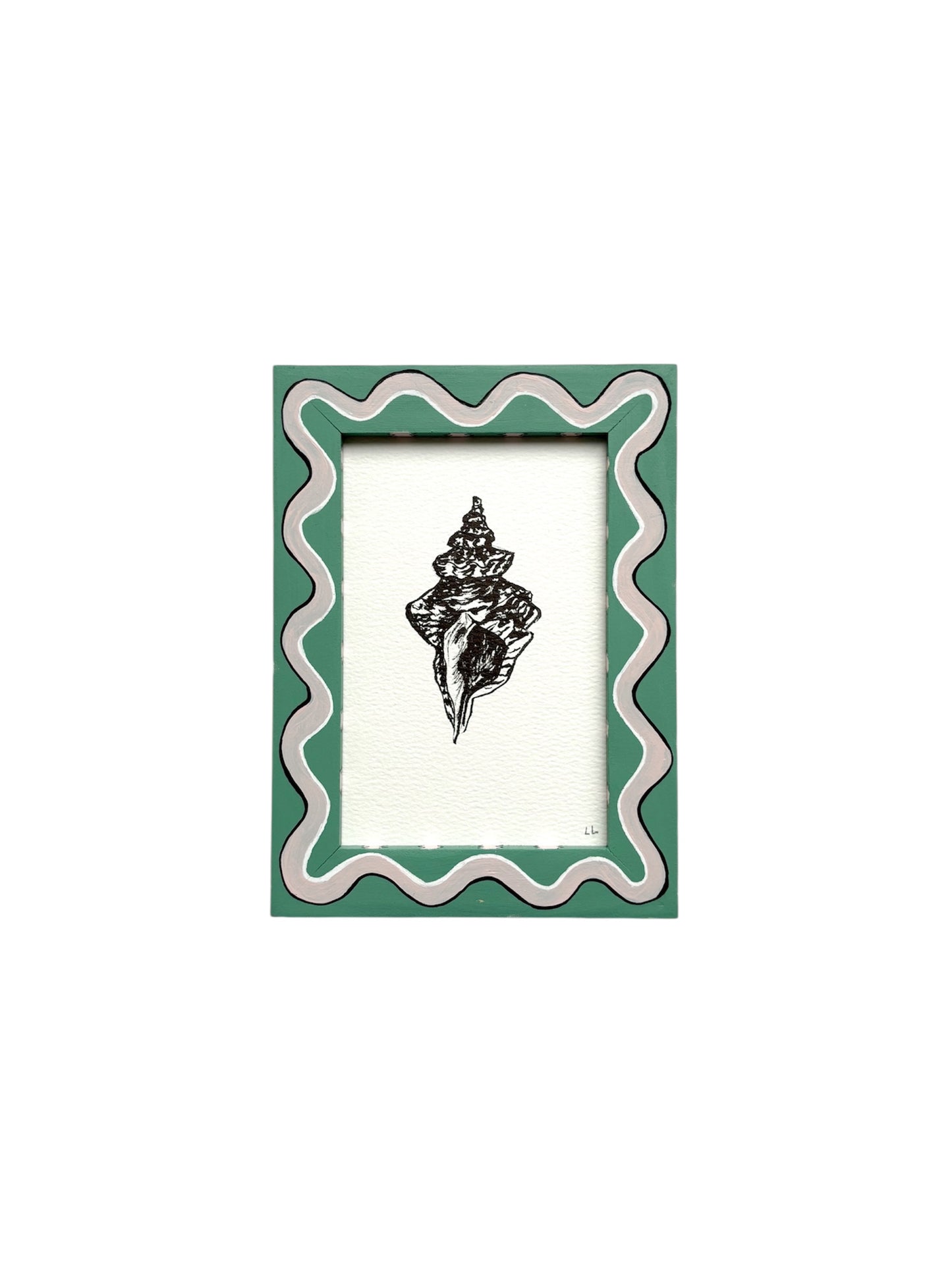 SHELL ORIGINAL INK ARTWORK IN A HAND PAINTED GREEN AND PALE PINK WIGGLE AND STRIPED PRELOVED FRAME