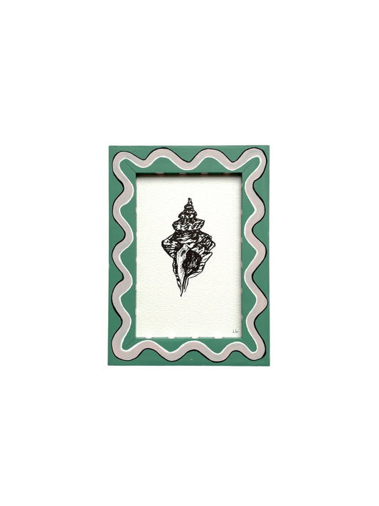 SHELL ORIGINAL INK ARTWORK IN A HAND PAINTED GREEN AND PALE PINK WIGGLE AND STRIPED PRELOVED FRAME