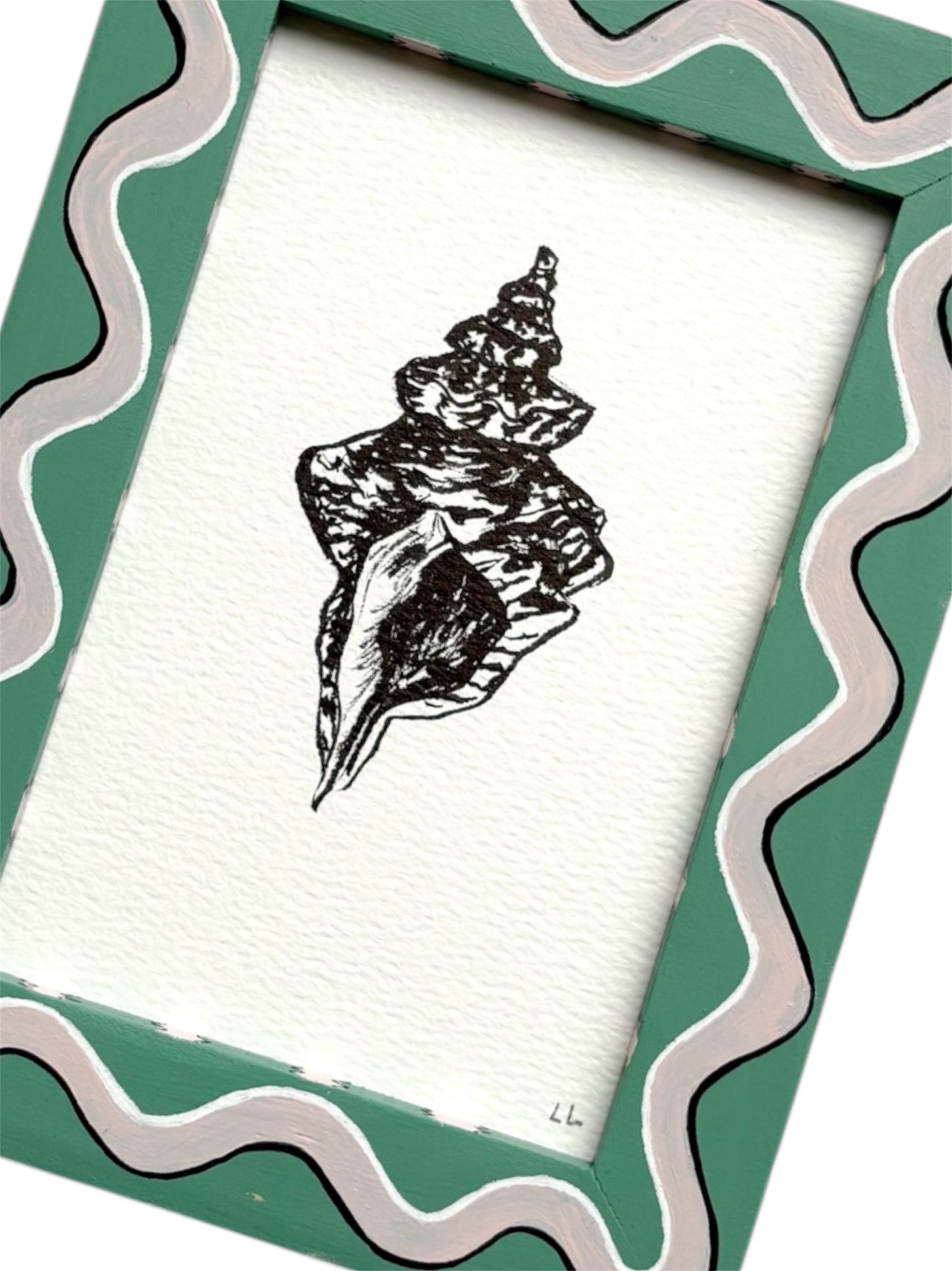 SHELL ORIGINAL INK ARTWORK IN A HAND PAINTED GREEN AND PALE PINK WIGGLE AND STRIPED PRELOVED FRAME