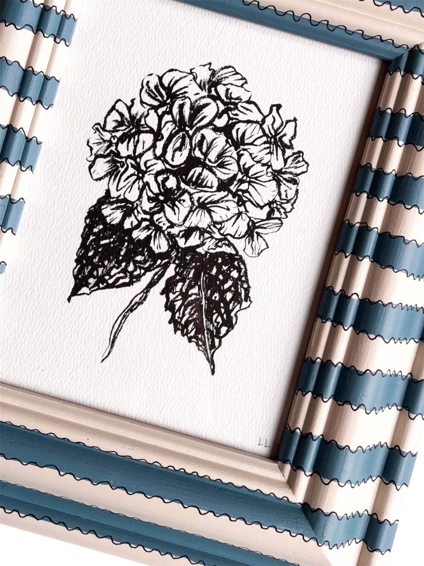 HYDRANGEA ORIGINAL INK ARTWORK IN A HAND PAINTED BLUE AND CREAM PRELOVED FRAME