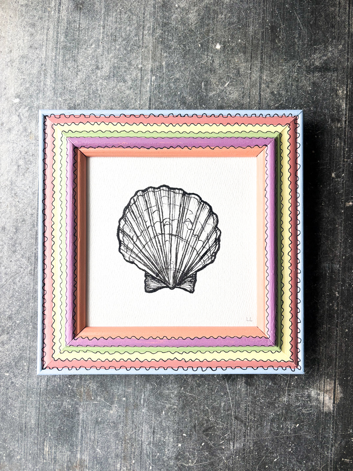 SCALLOP SHELL ORIGINAL INK ARTWORK IN A HAND PAINTED RAINBOW PRELOVED FRAME