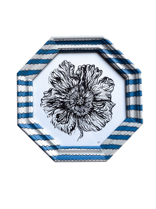 POPPY ORIGINAL INK DRAWING IN HAND PAINTED BLUE AND CREAM OCTAGONAL FRAME