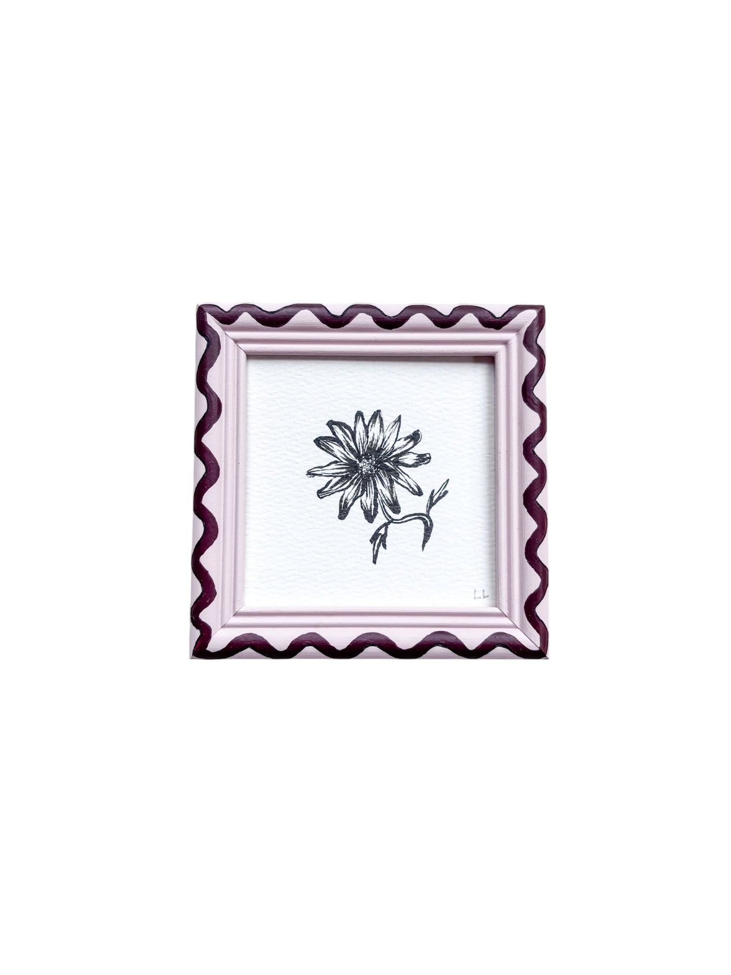 SMALL DAISY ORIGINAL INK ARTWORK IN A HAND PAINTED PINK WITH BURGUNDY WIGGLE FRAME