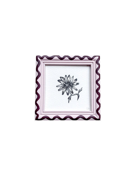 SMALL DAISY ORIGINAL INK ARTWORK IN A HAND PAINTED PINK WITH BURGUNDY WIGGLE FRAME