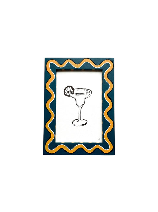 MARGARITA ORIGINAL INK ARTWORK IN A HAND PAINTED DARK BLUE AND MUSTARD WIGGLE AND STRIPED PRELOVED FRAME