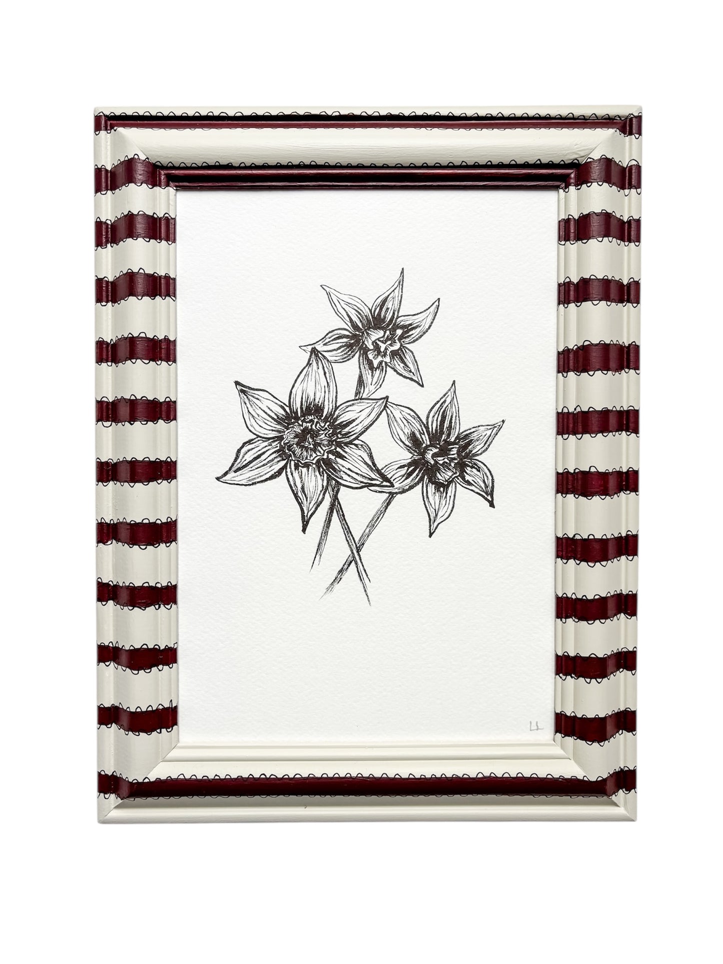 DAFFODILS ORIGINAL INK ARTWORK IN A HAND PAINTED CREAM AND BURGUNDY STRIPE PRELOVED FRAME
