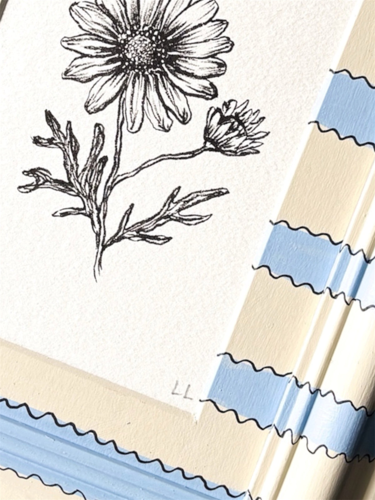 DAISY ORIGINAL INK ARTWORK IN A HAND PAINTED BLUE AND CREAM STRIPED PRELOVED FRAME
