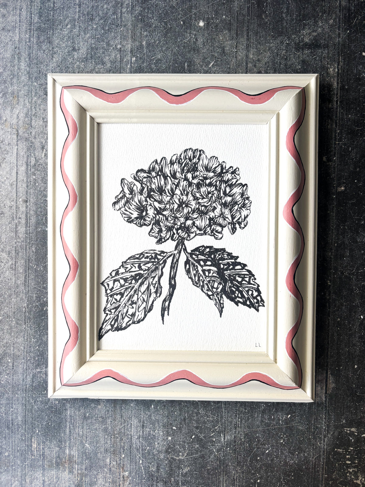 HYDRANGEA ORIGINAL INK ARTWORK IN A HAND PAINTED CREAM AND PINK WIGGLE PRELOVED FRAME