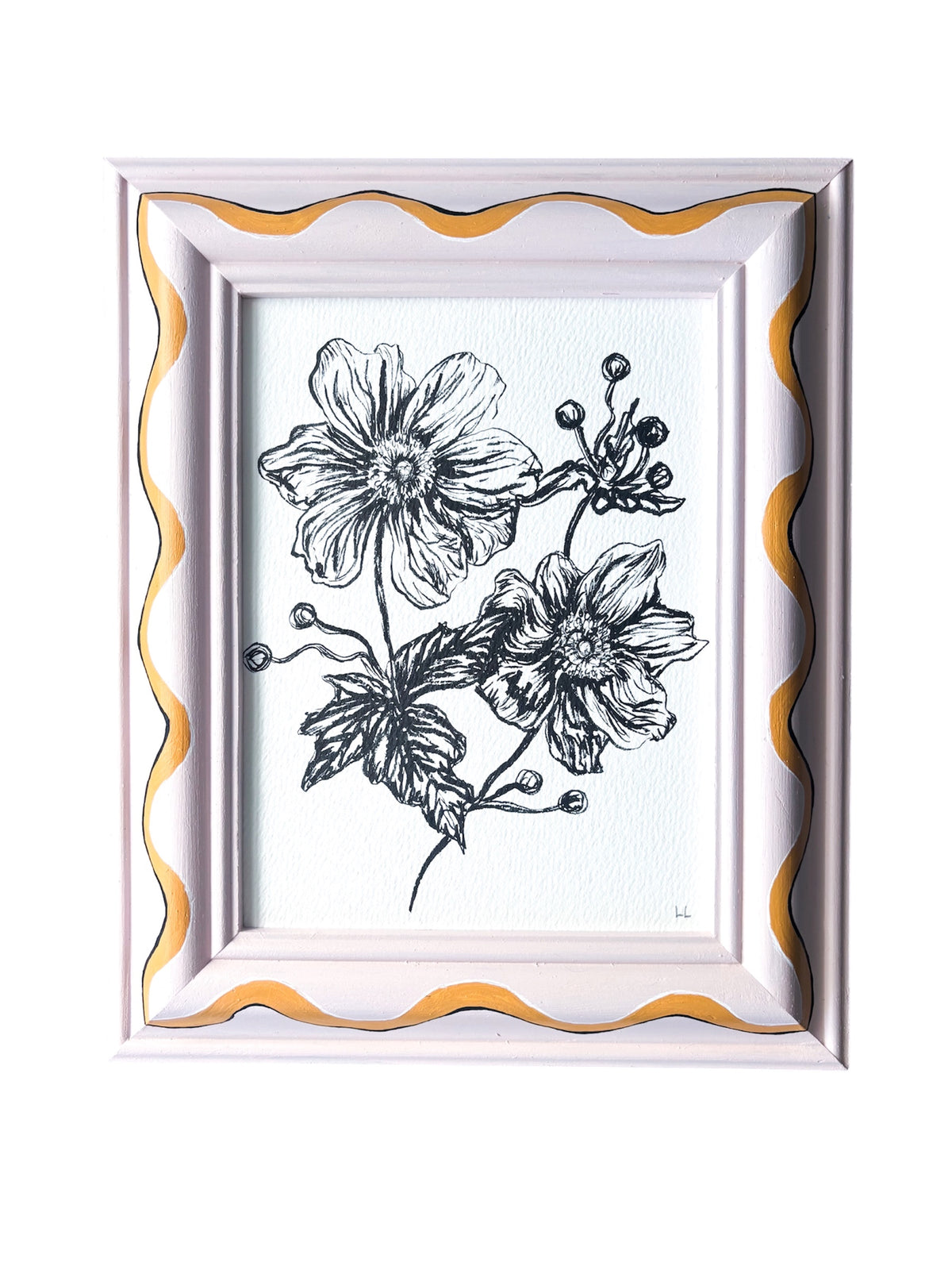 JAPANESE ANEMONE ORIGINAL INK ARTWORK IN A HAND PAINTED PINK AND YELLOW WIGGLE PRELOVED FRAME