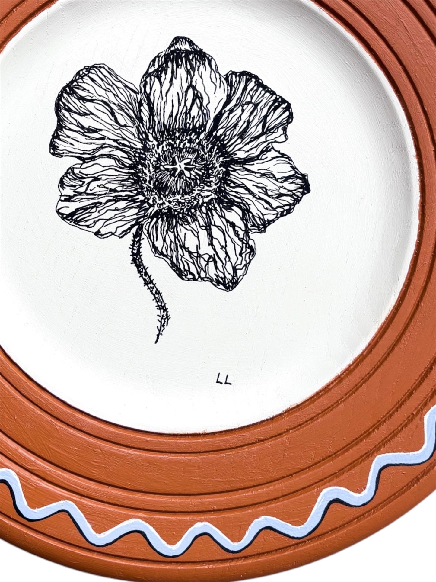 POPPY ORIGINAL ARTWORK ON A HAND PAINTED ORANGE AND CREAM PRELOVED WOODEN PLATE