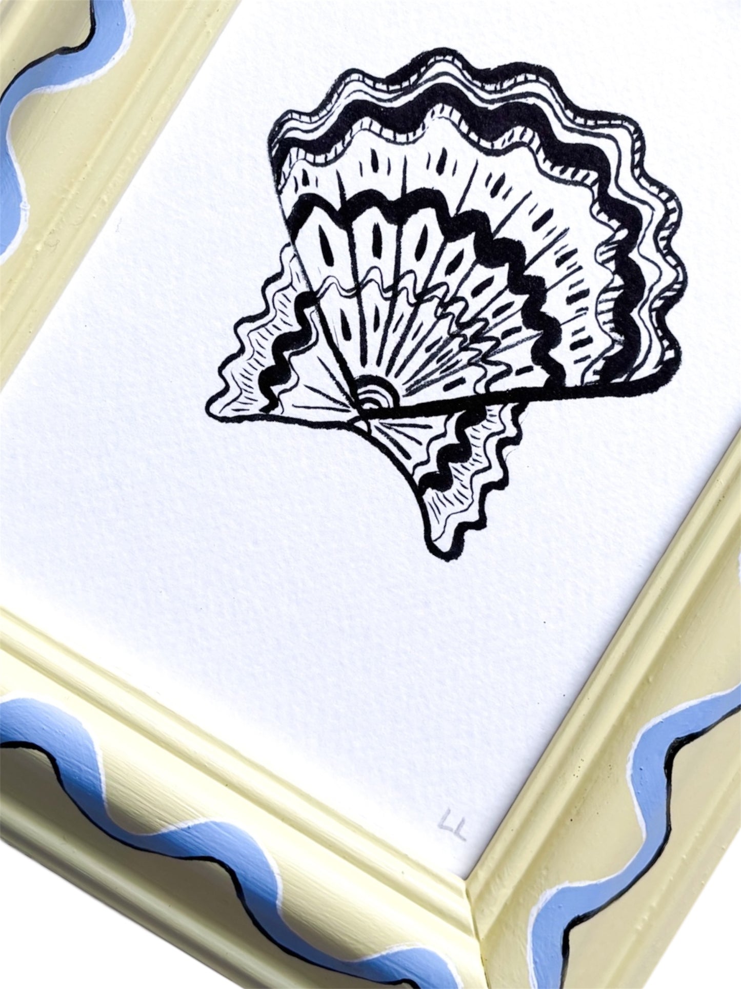 SCALLOP SHELL ORIGINAL INK ARTWORK IN A HAND PAINTED YELLOW AND BLUE WIGGLE PRELOVED FRAME
