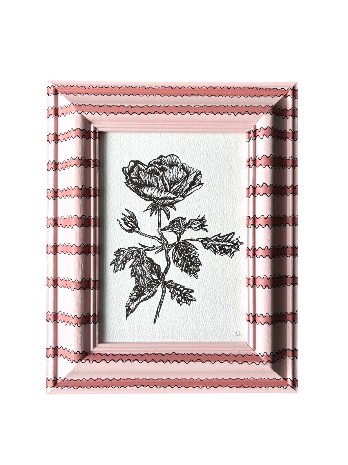 ROSE ORIGINAL INK ARTWORK IN A HAND PAINTED PINK ON PINK STRIPED PRELOVED FRAME
