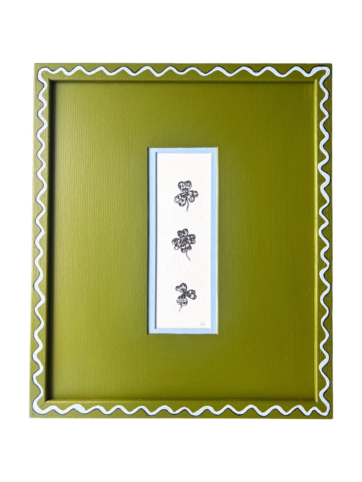 CLOVER ORIGINAL INK ARTWORK IN A HAND PAINTED GREEN WITH BLUE WIGGLE AND GREEN MOUNT PRELOVED FRAME