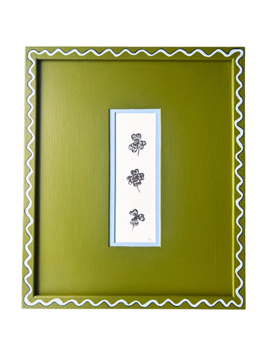 CLOVER ORIGINAL INK ARTWORK IN A HAND PAINTED GREEN WITH BLUE WIGGLE AND GREEN MOUNT PRELOVED FRAME