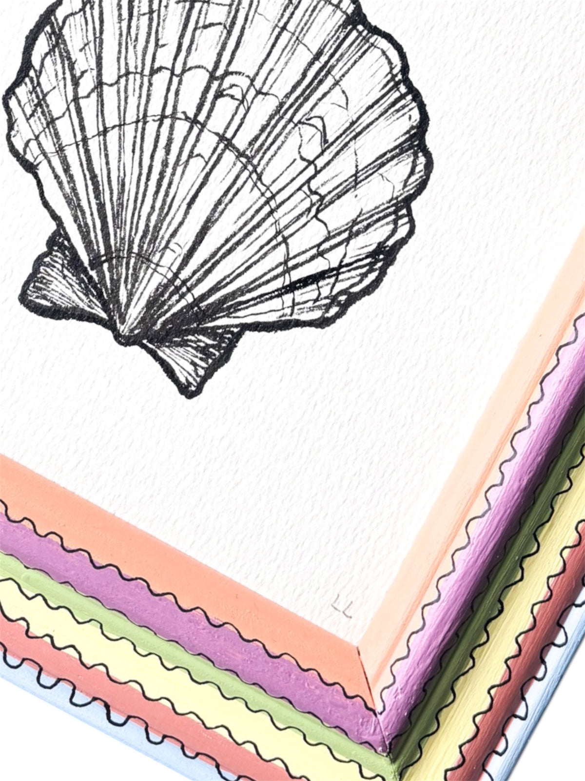 SCALLOP SHELL ORIGINAL INK ARTWORK IN A HAND PAINTED RAINBOW PRELOVED FRAME