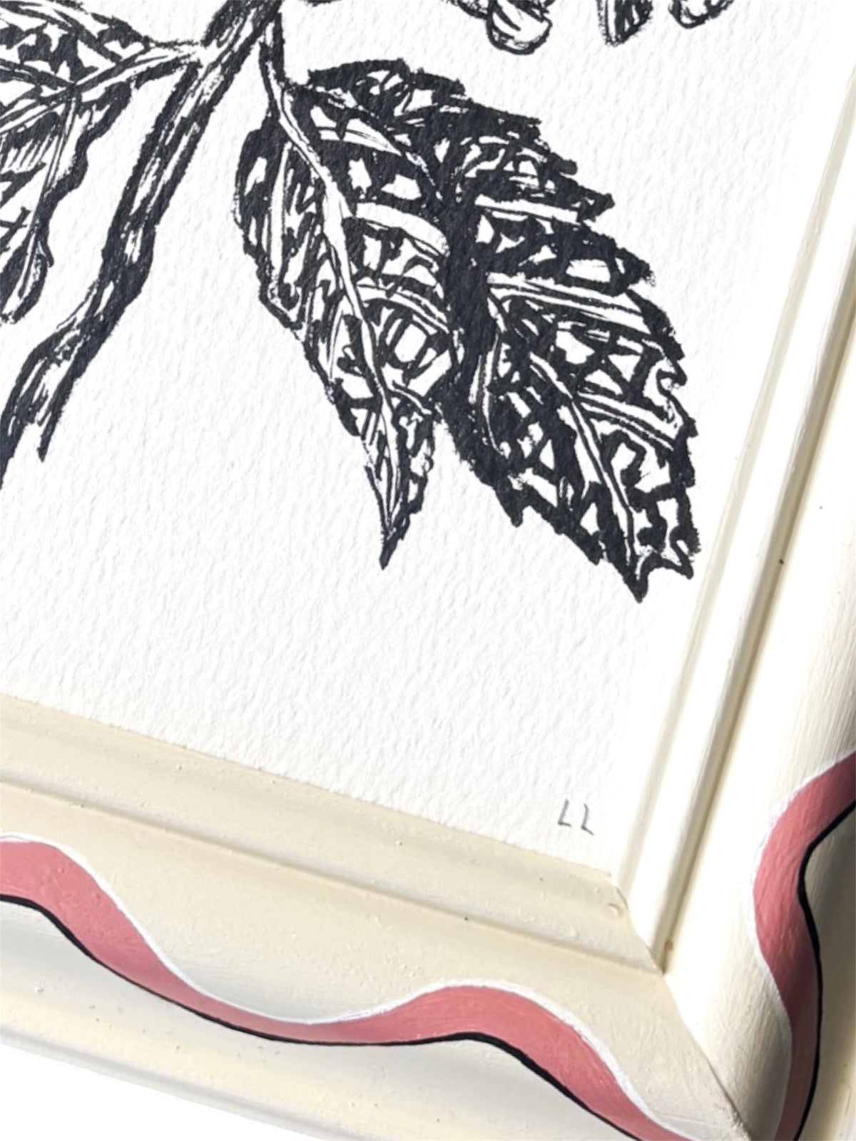 HYDRANGEA ORIGINAL INK ARTWORK IN A HAND PAINTED CREAM AND PINK WIGGLE PRELOVED FRAME