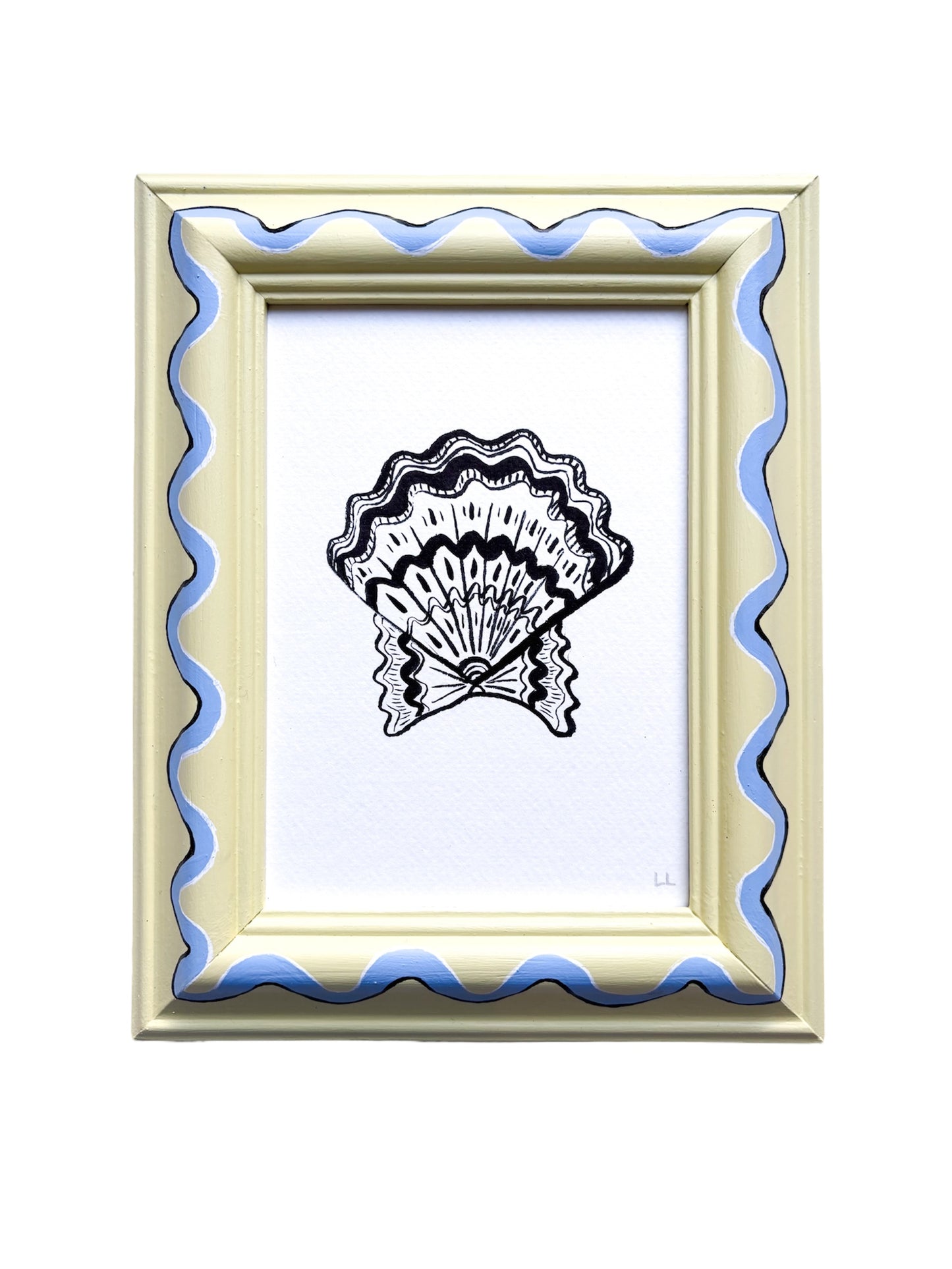 SCALLOP SHELL ORIGINAL INK ARTWORK IN A HAND PAINTED YELLOW AND BLUE WIGGLE PRELOVED FRAME