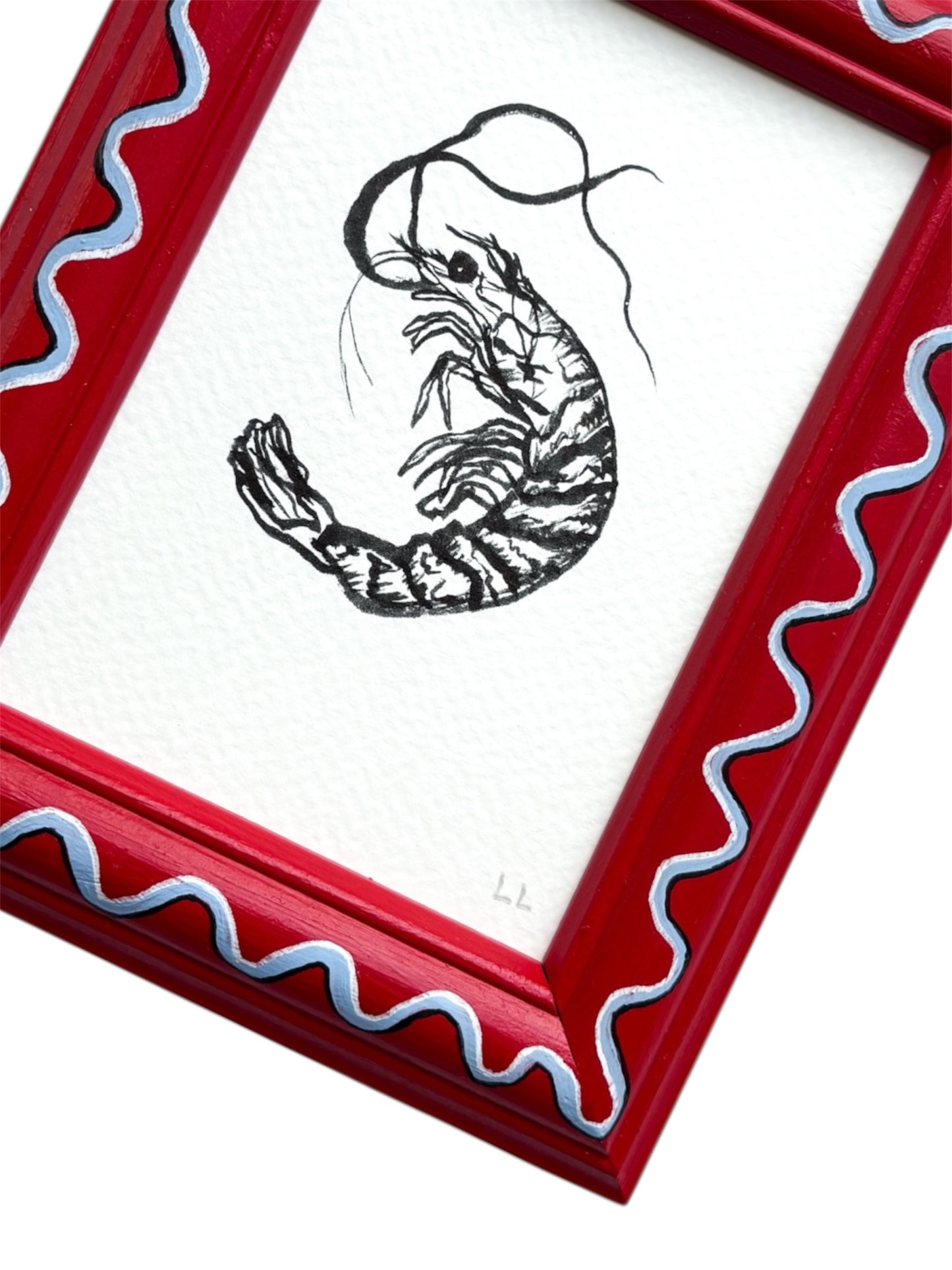 PRAWN ORIGINAL INK ARTWORK IN A HAND PAINTED RED AND BLUE WIGGLE FRAME