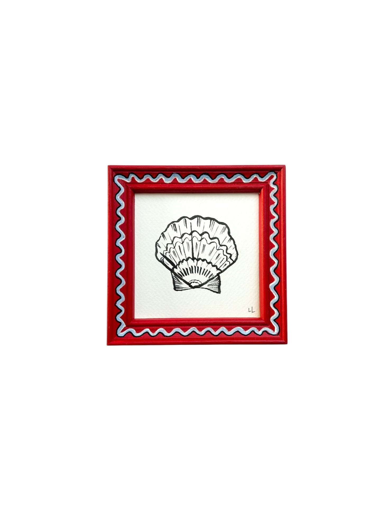 SMALL SCALLOP ORIGINAL INK ARTWORK IN A HAND PAINTED RED AND BLUE WIGGLE FRAME