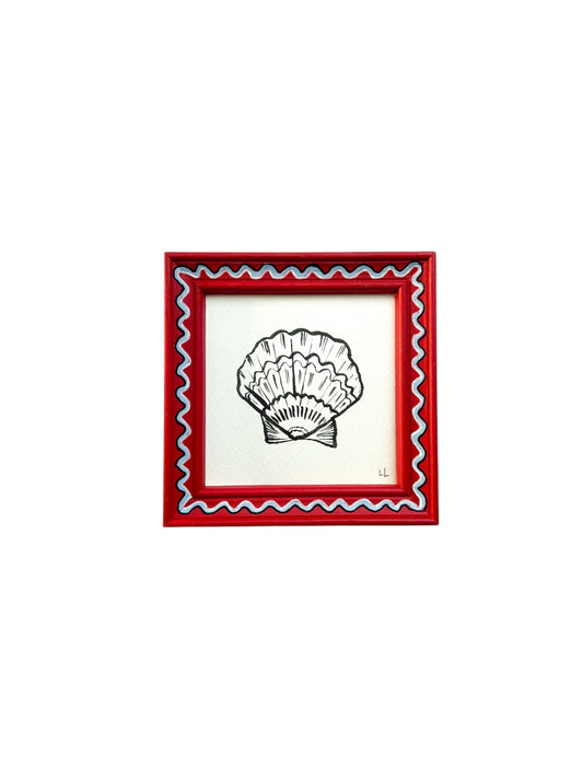 SMALL SCALLOP ORIGINAL INK ARTWORK IN A HAND PAINTED RED AND BLUE WIGGLE FRAME