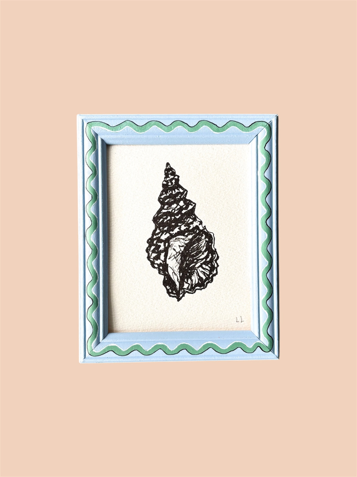SHELL ORIGINAL INK ARTWORK IN A HAND PAINTED GREEN AND BLUE WIGGLE PRELOVED FRAME