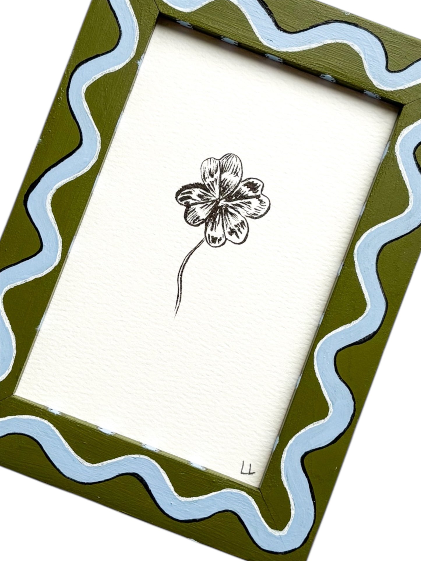 CLOVER ORIGINAL INK ARTWORK IN A HAND PAINTED GREEN AND BLUE WIGGLE AND STRIPED PRELOVED FRAME