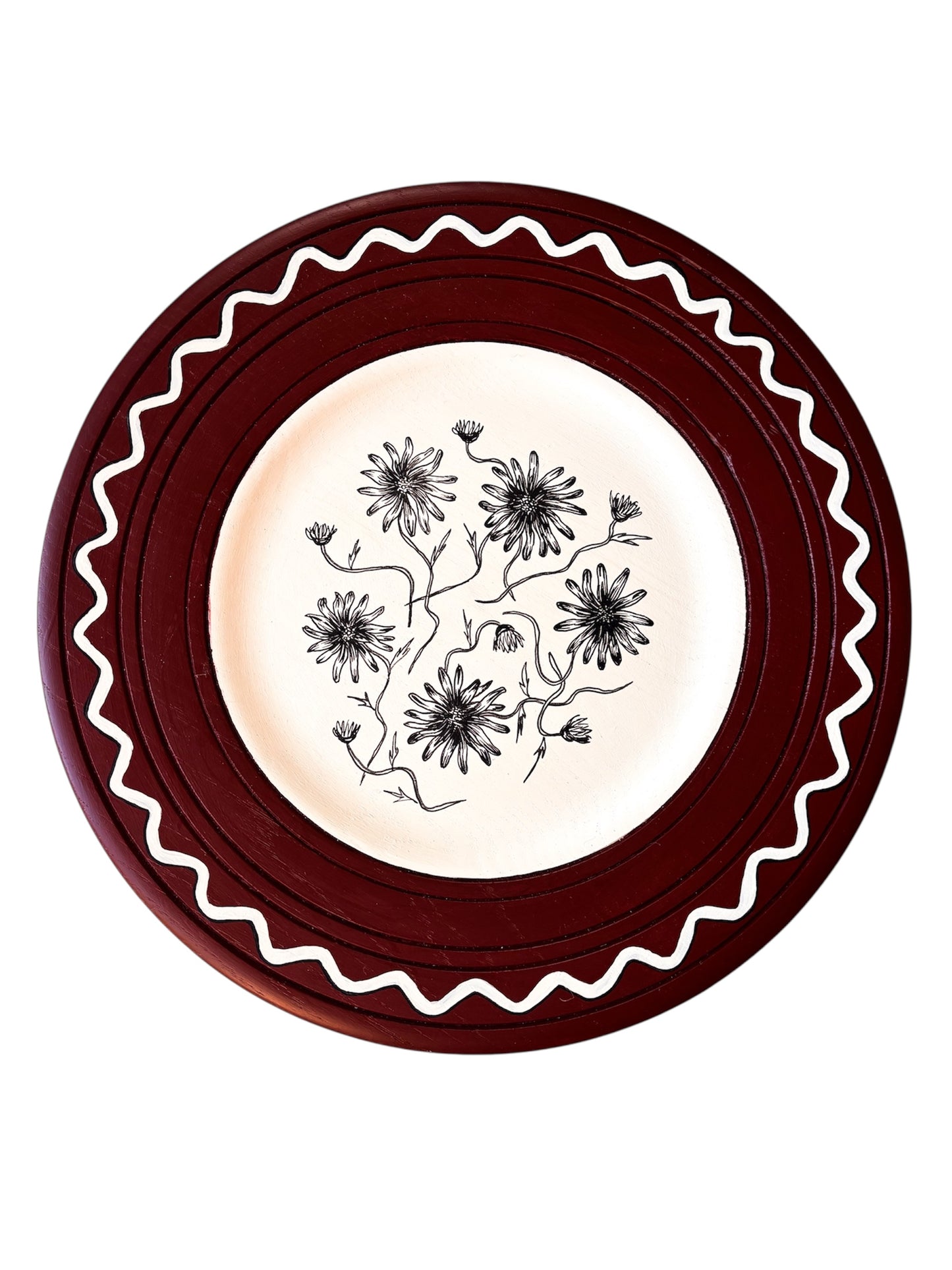DAISY ORIGINAL ARTWORK ON A HAND PAINTED BURGUNDY AND CREAM PRELOVED WOODEN PLATE