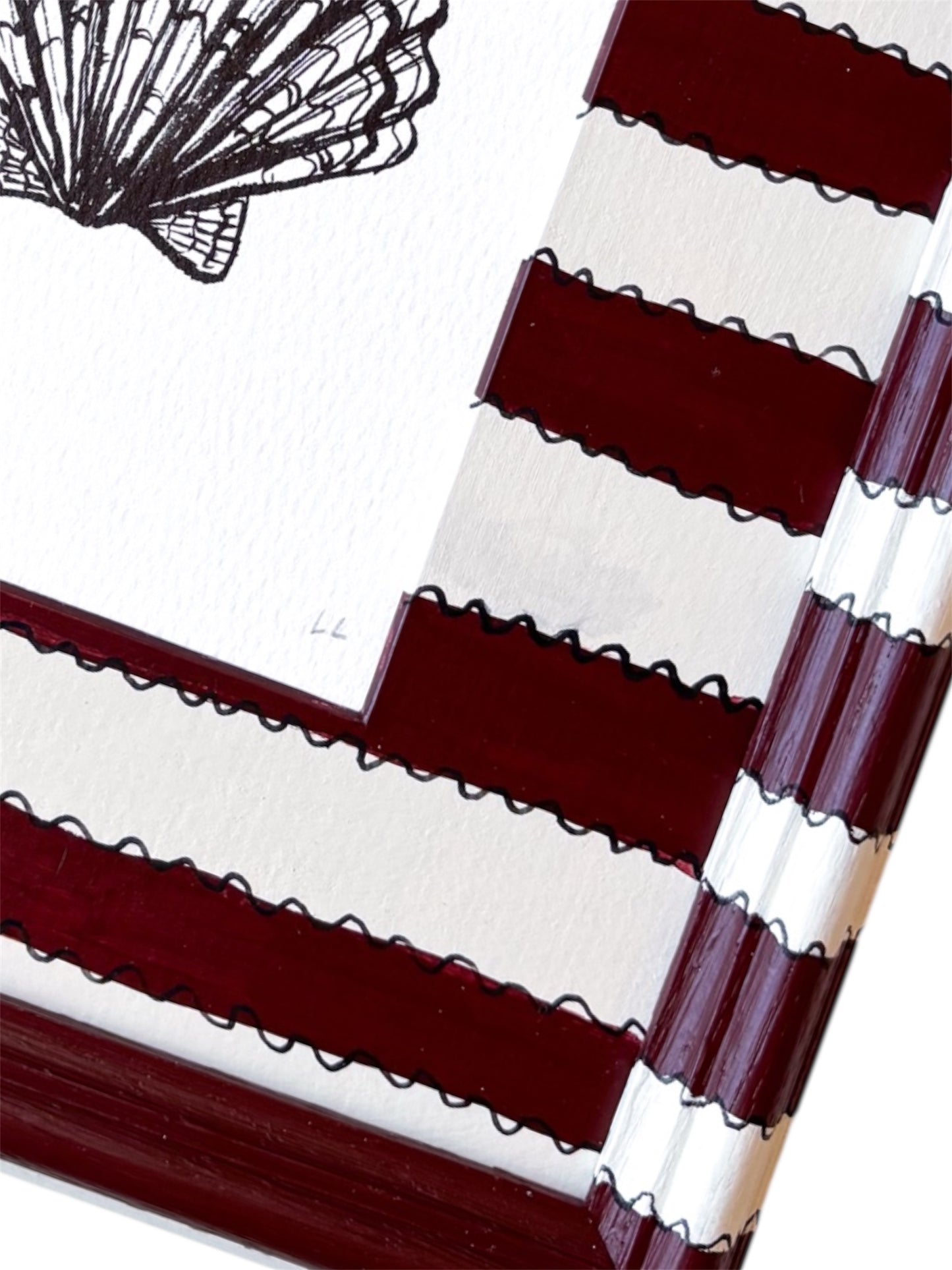 SCALLOP SHELL ORIGINAL INK ARTWORK IN A HAND PAINTED CREAM AND BURGUNDY PRELOVED FRAME