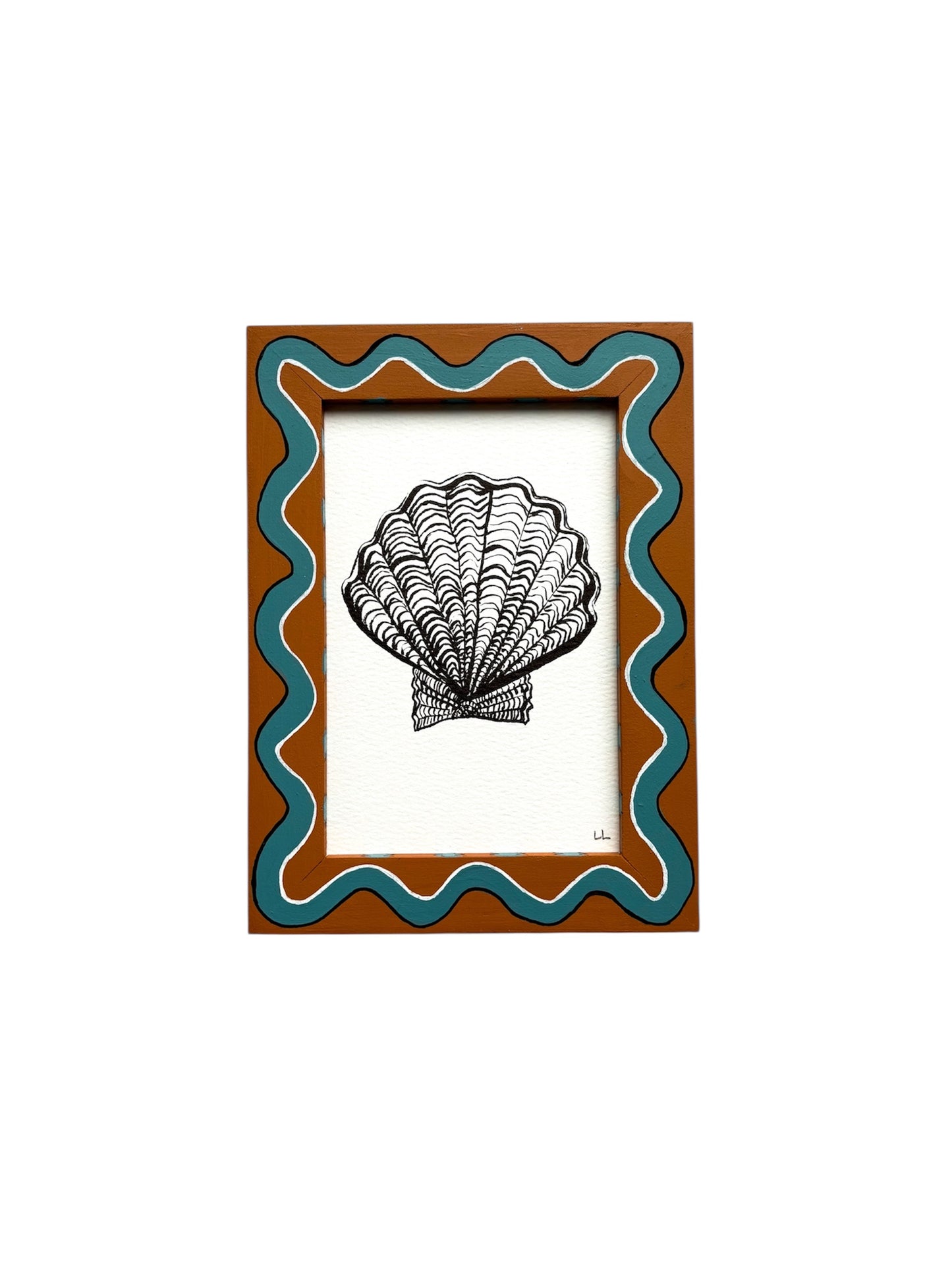 SCALLOP SHELL ORIGINAL INK ARTWORK IN A HAND PAINTED BROWN AND BLUE WIGGLE AND STRIPED PRELOVED FRAME