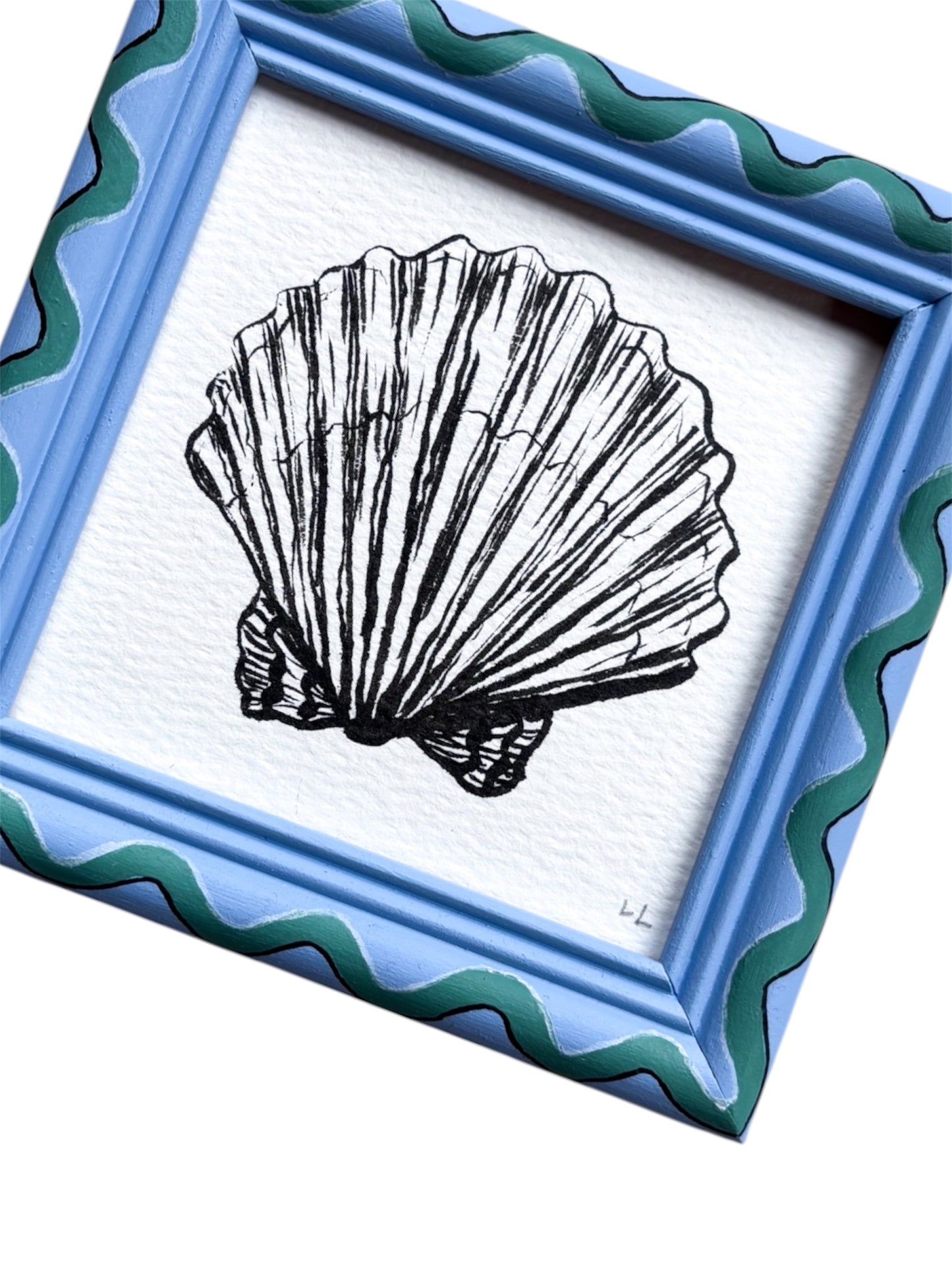 SMALL SCALLOP ORIGINAL INK ARTWORK IN A HAND PAINTED BLUE AND GREEN WIGGLE FRAME