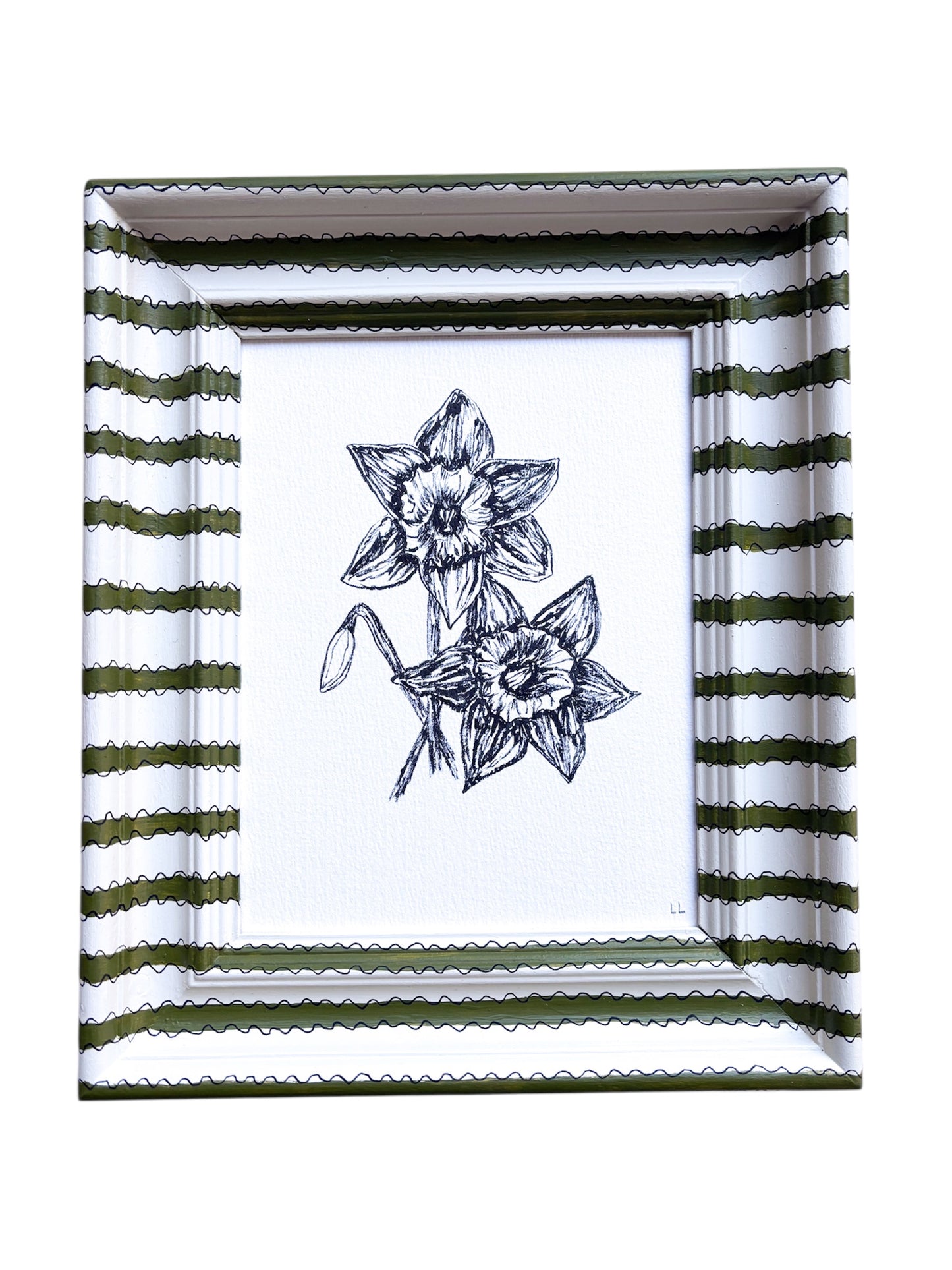 DAFFODILS ORIGINAL INK ARTWORK IN A HAND PAINTED CREAM AND GREEN STRIPE PRELOVED FRAME
