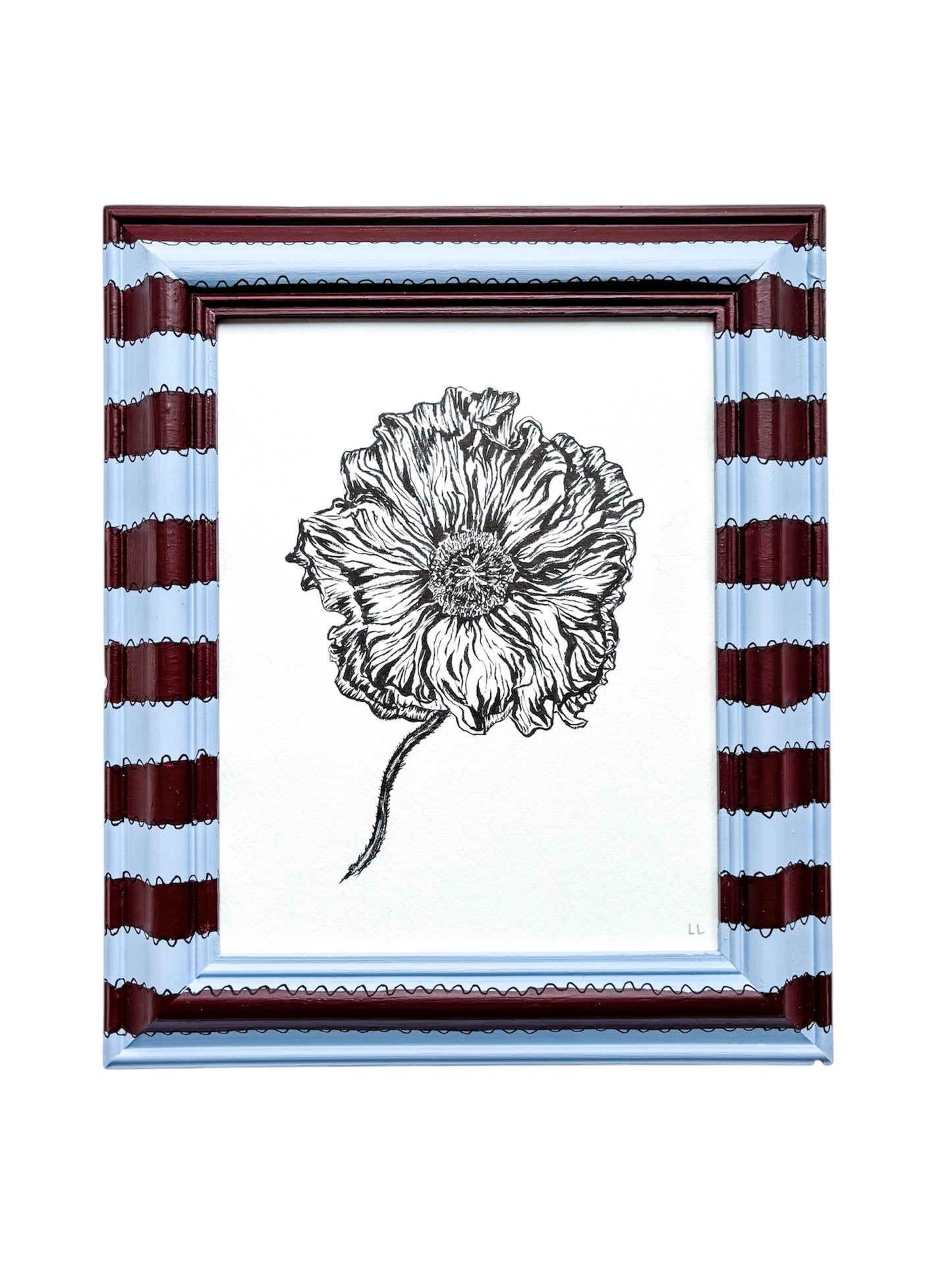 ICELANDIC POPPY ORIGINAL INK ARTWORK IN A HAND PAINTED BLUE AND BURGUNDY STRIPE PRELOVED FRAME