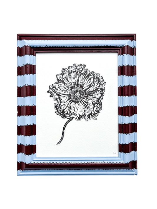 ICELANDIC POPPY ORIGINAL INK ARTWORK IN A HAND PAINTED BLUE AND BURGUNDY STRIPE PRELOVED FRAME