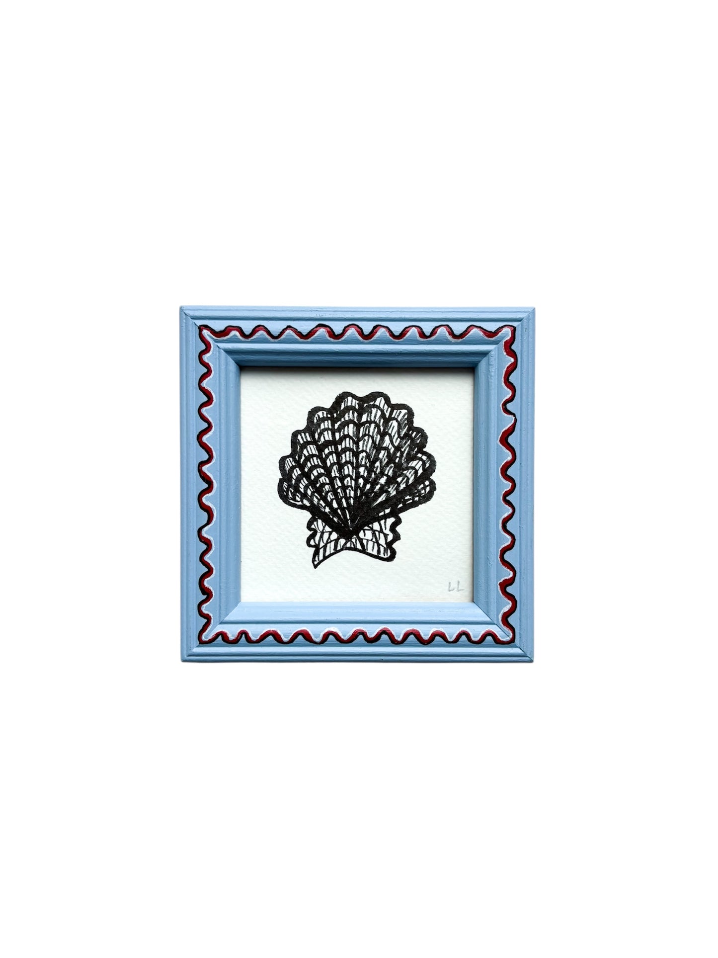 SMALL SCALLOP ORIGINAL INK ARTWORK IN A HAND PAINTED BLUE AND RED WIGGLE FRAME