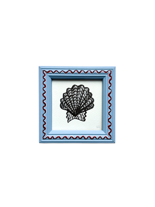 SMALL SCALLOP ORIGINAL INK ARTWORK IN A HAND PAINTED BLUE AND RED WIGGLE FRAME
