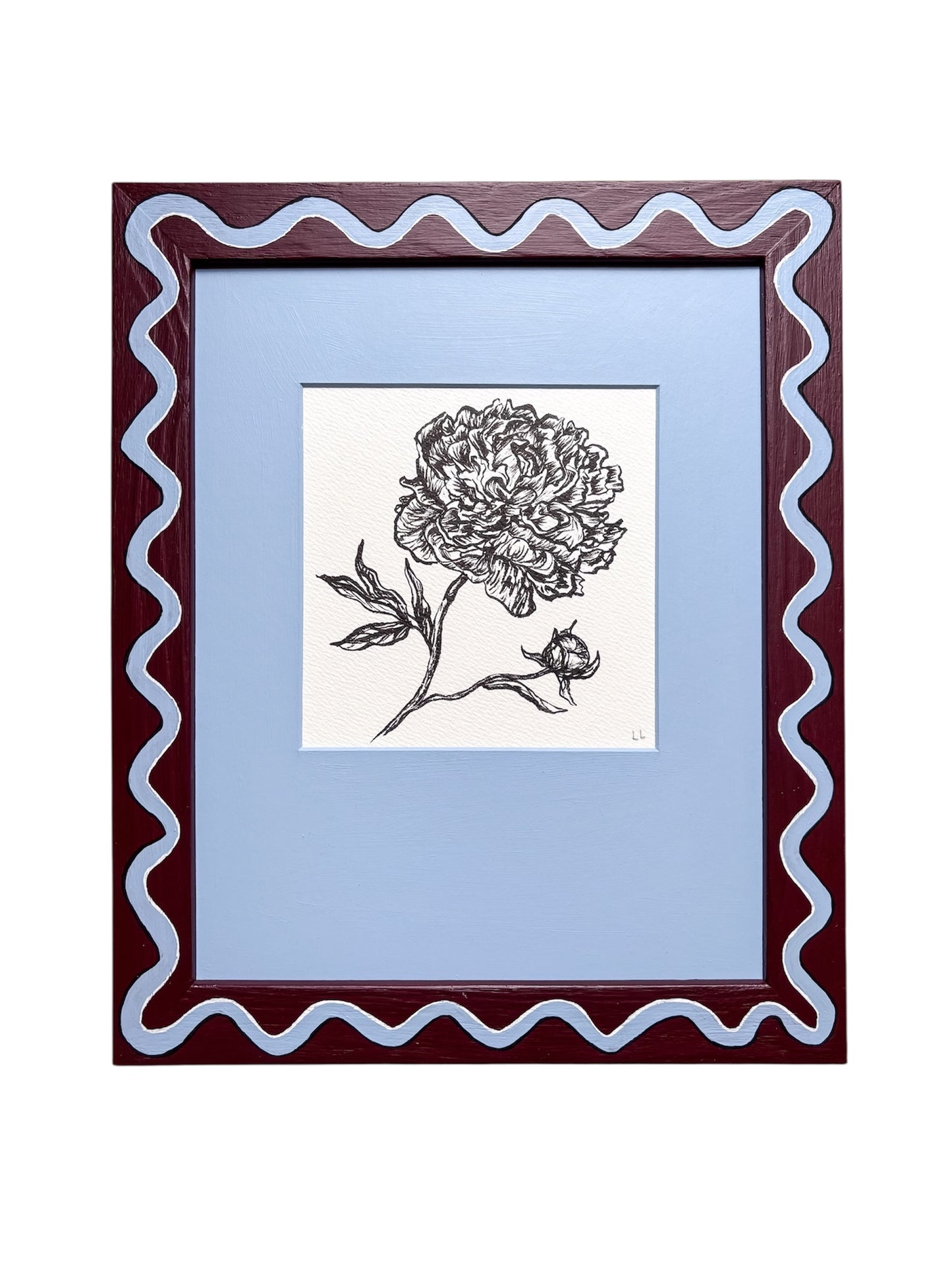 PEONY ORIGINAL INK ARTWORK IN A HAND PAINTED BURGUNDY AND BLUE WIGGLE WITH BLUE MOUNT PRELOVED FRAME