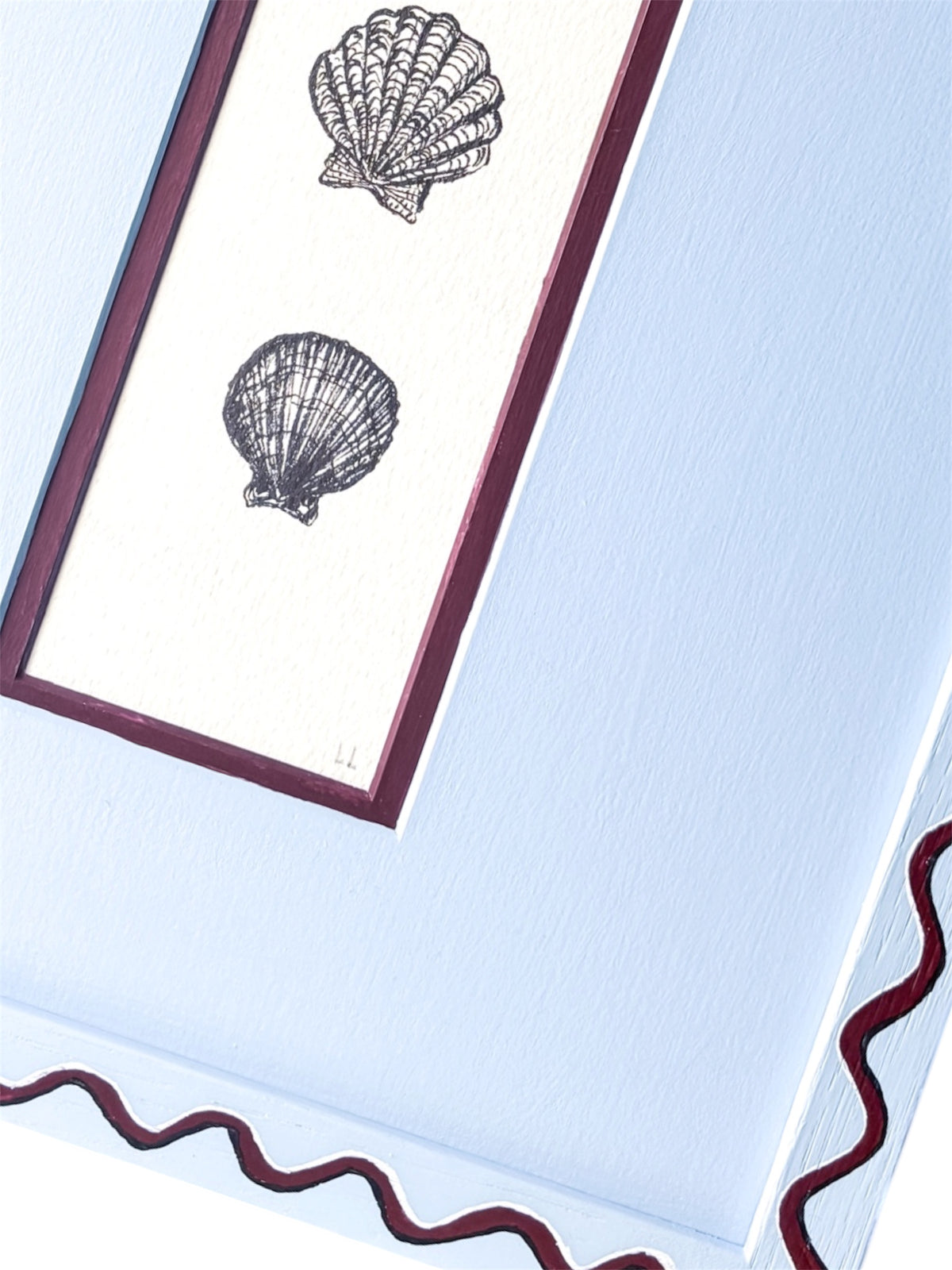 SEASHELL ORIGINAL INK ARTWORK IN A HAND PAINTED BLUE WITH BURGUNDY WIGGLE AND BLUE MOUNT PRELOVED FRAME