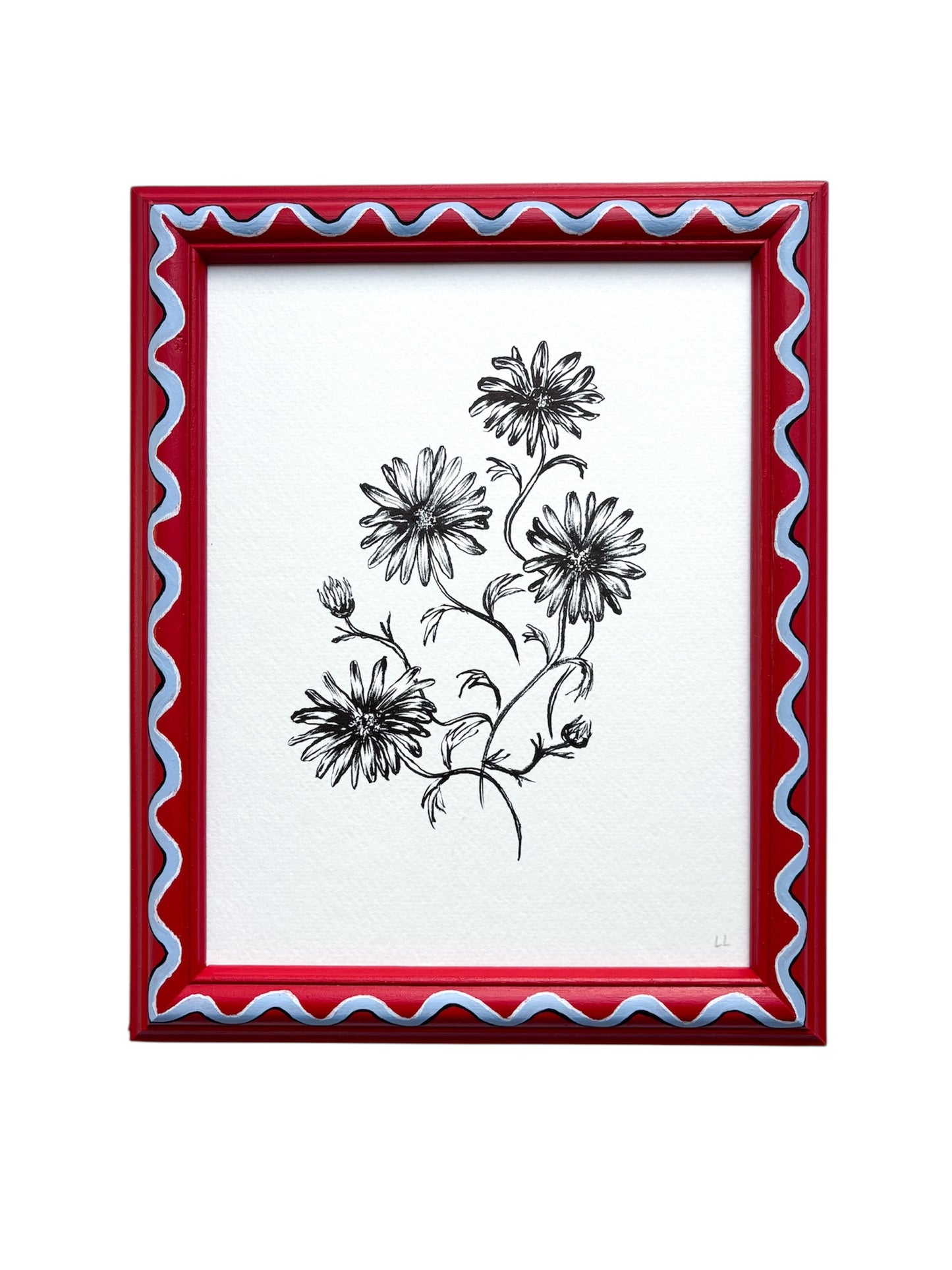 DAISY ORIGINAL INK ARTWORK IN A HAND PAINTED RED AND BLUE WIGGLE PRELOVED FRAME