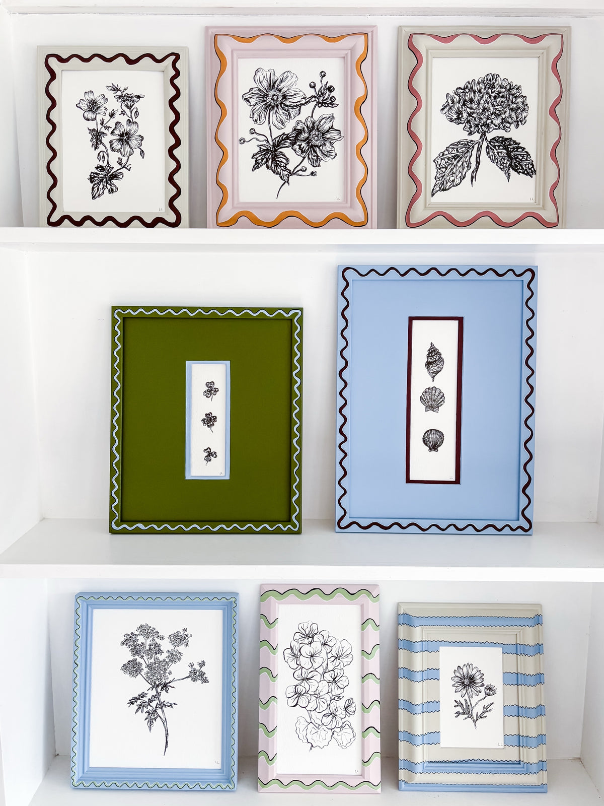 HYDRANGEA ORIGINAL INK ARTWORK IN A HAND PAINTED CREAM AND PINK WIGGLE PRELOVED FRAME