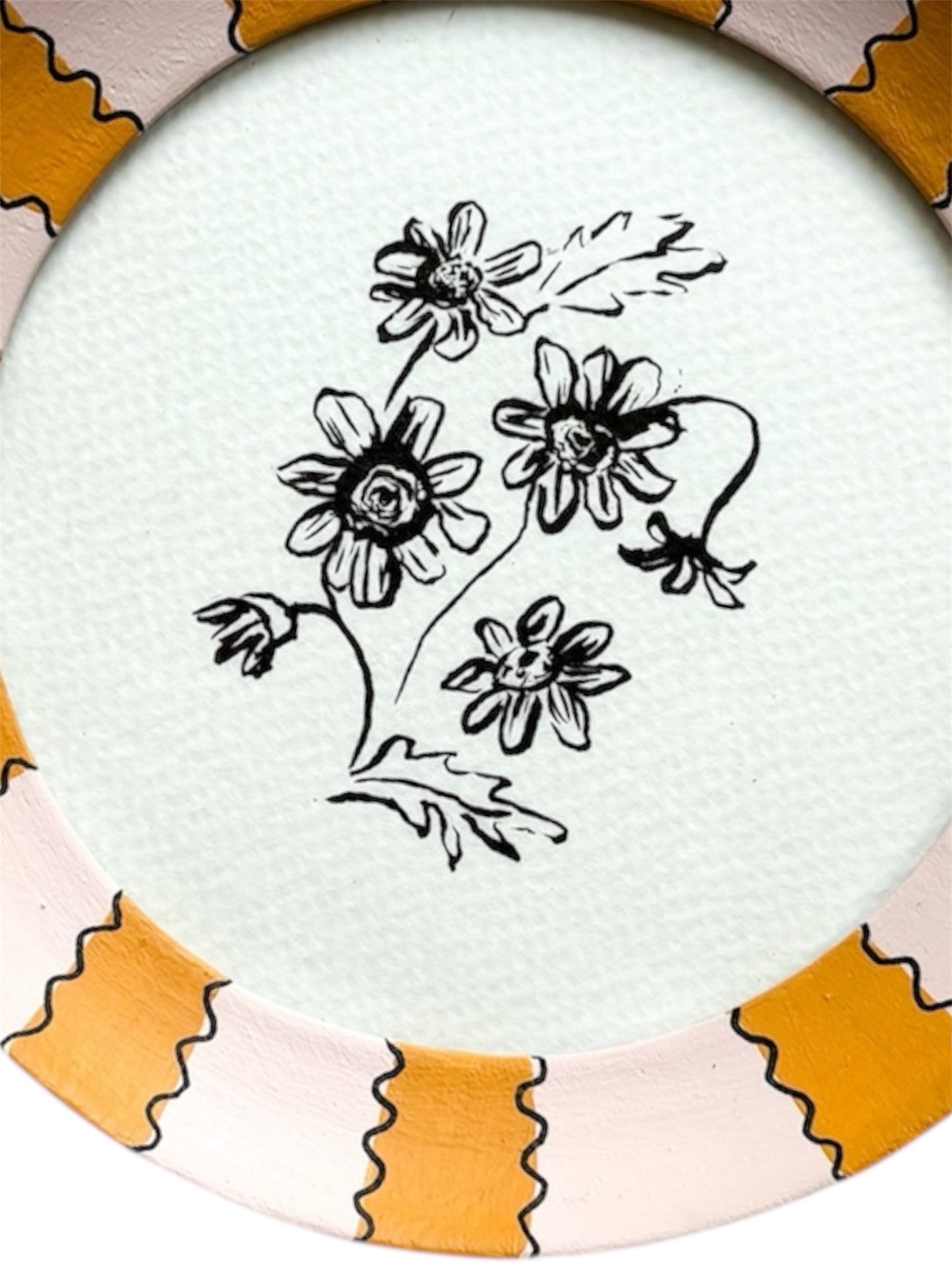 ROUND DAISY ORIGINAL INK ARTWORK IN A HAND PAINTED LIGHT PINK AND MUSTARD PRELOVED FRAME