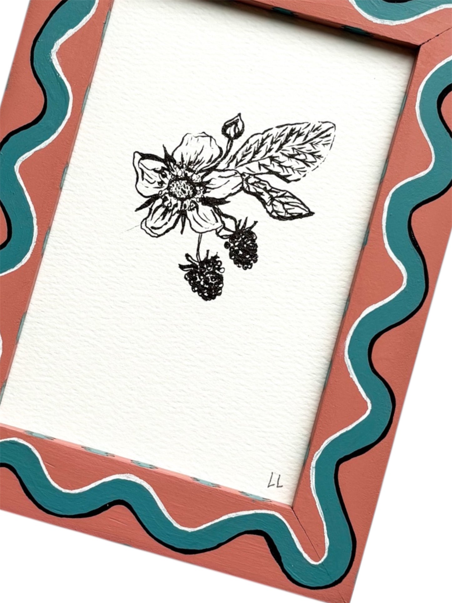 BLACKBERRY ORIGINAL INK ARTWORK IN A HAND PAINTED PINK AND BLUE WIGGLE AND STRIPED PRELOVED FRAME