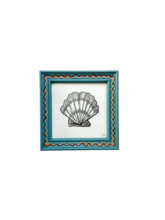 SMALL SCALLOP ORIGINAL INK ARTWORK IN A HAND PAINTED BLUE AND MUSTARD WIGGLE FRAME