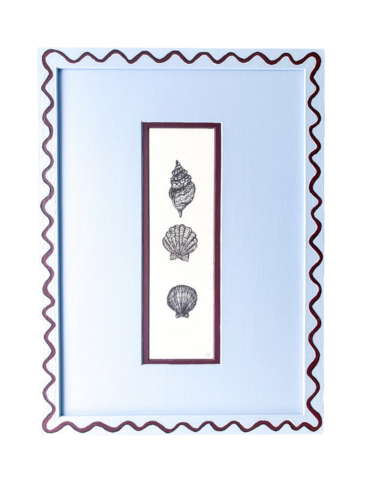 SEASHELL ORIGINAL INK ARTWORK IN A HAND PAINTED BLUE WITH BURGUNDY WIGGLE AND BLUE MOUNT PRELOVED FRAME