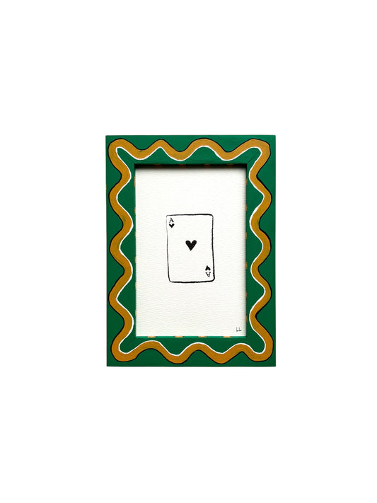 PLAYING CARD ORIGINAL INK ARTWORK IN A HAND PAINTED GREEN AND MUSTARD WIGGLE AND STRIPED PRELOVED FRAME